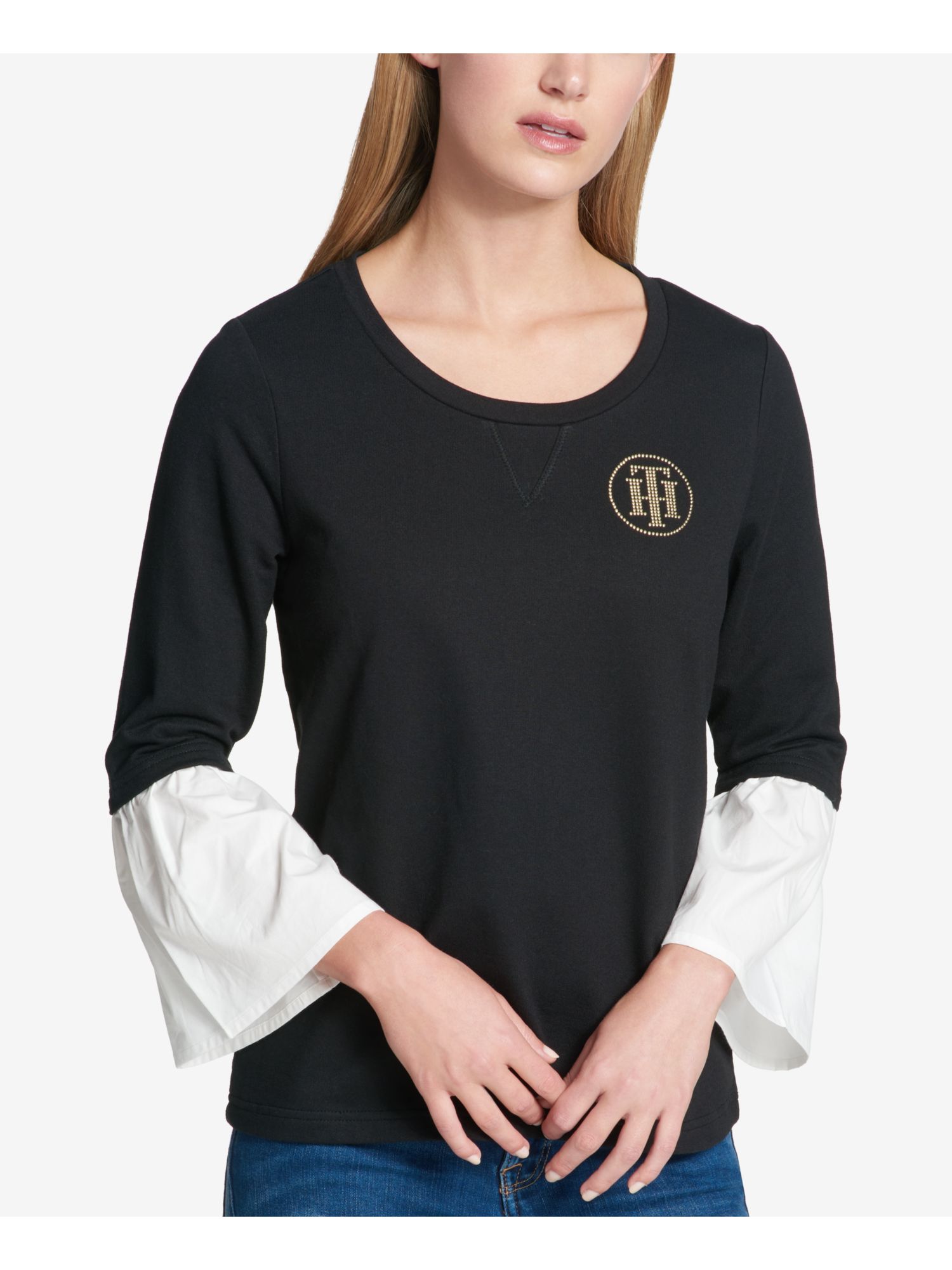 TOMMY HILFIGER $79 Womens New 1352 Black Beaded Long Sleeve Top XS B+B